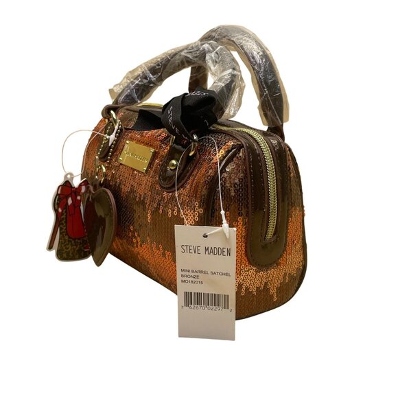 Steve Madden Women’s Bronze Sequins With Heart Charm Mini Barrel Satchel Bag - Picture 3 of 9